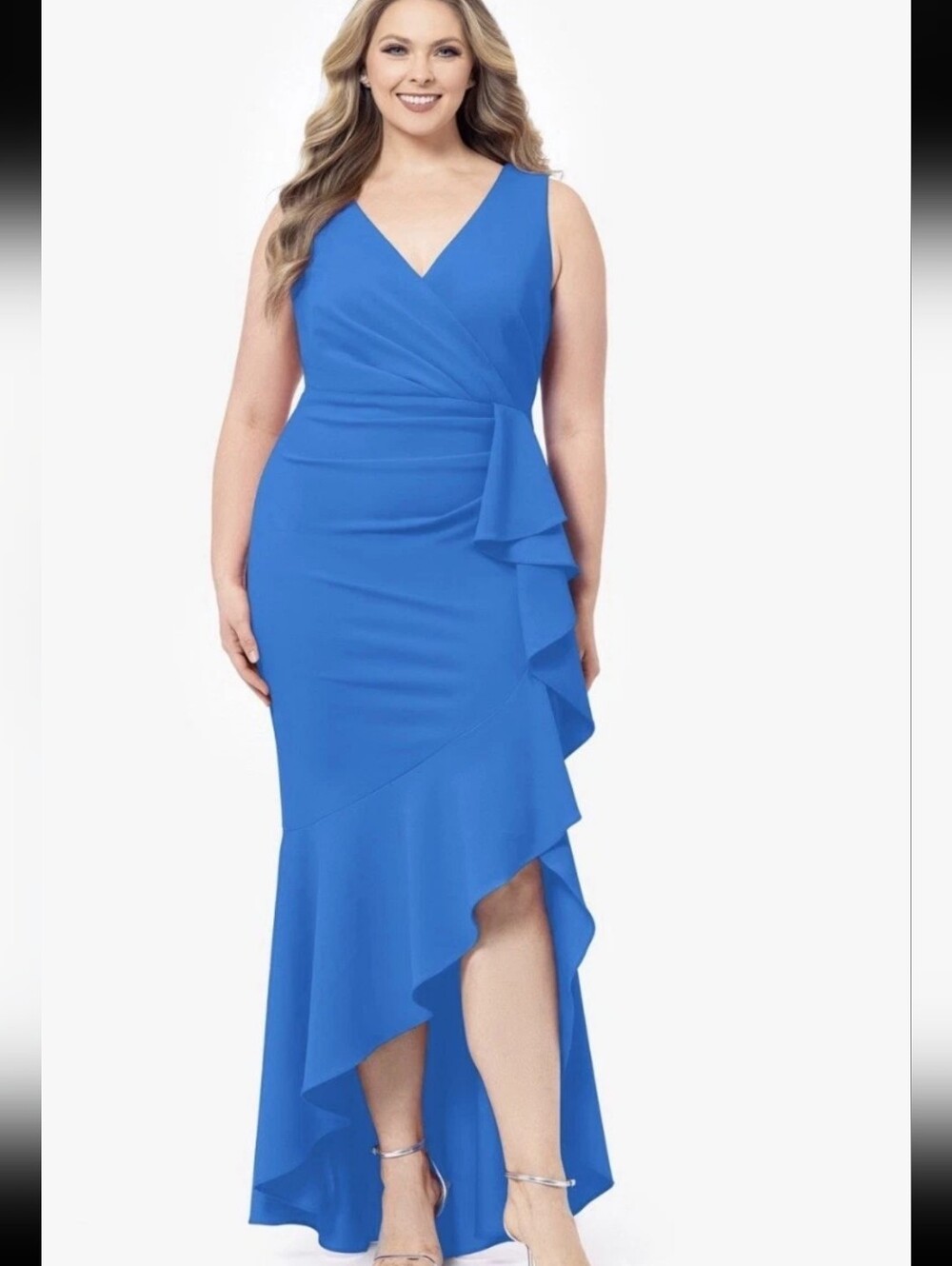 Betsy & Adam NWT Blue Ruffle High Low Formal Maxi Dress 14W $269 Old Money